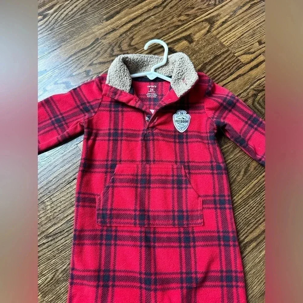 Carters Red and Black Plaid Bodysuit Warm Pajamas Size 24 Months